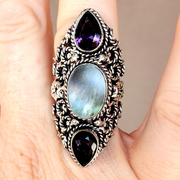New Abalone Shell & Amethyst 925 Silver Statement Ring. - Picture 15 of 16